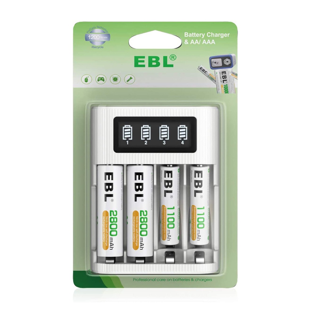 EBL LCD Battery Charger with 2Pcs 1.2V 2800mAh AA Rechargeable Batteries and 2Pcs 1100mAh AAA Batteries