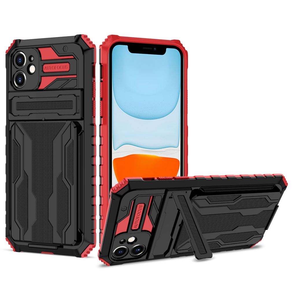 iPhone 11 Pro Max Fashion Phone Cover Case with A Card Slot & Card Holder (i-Crystal) Black+Red