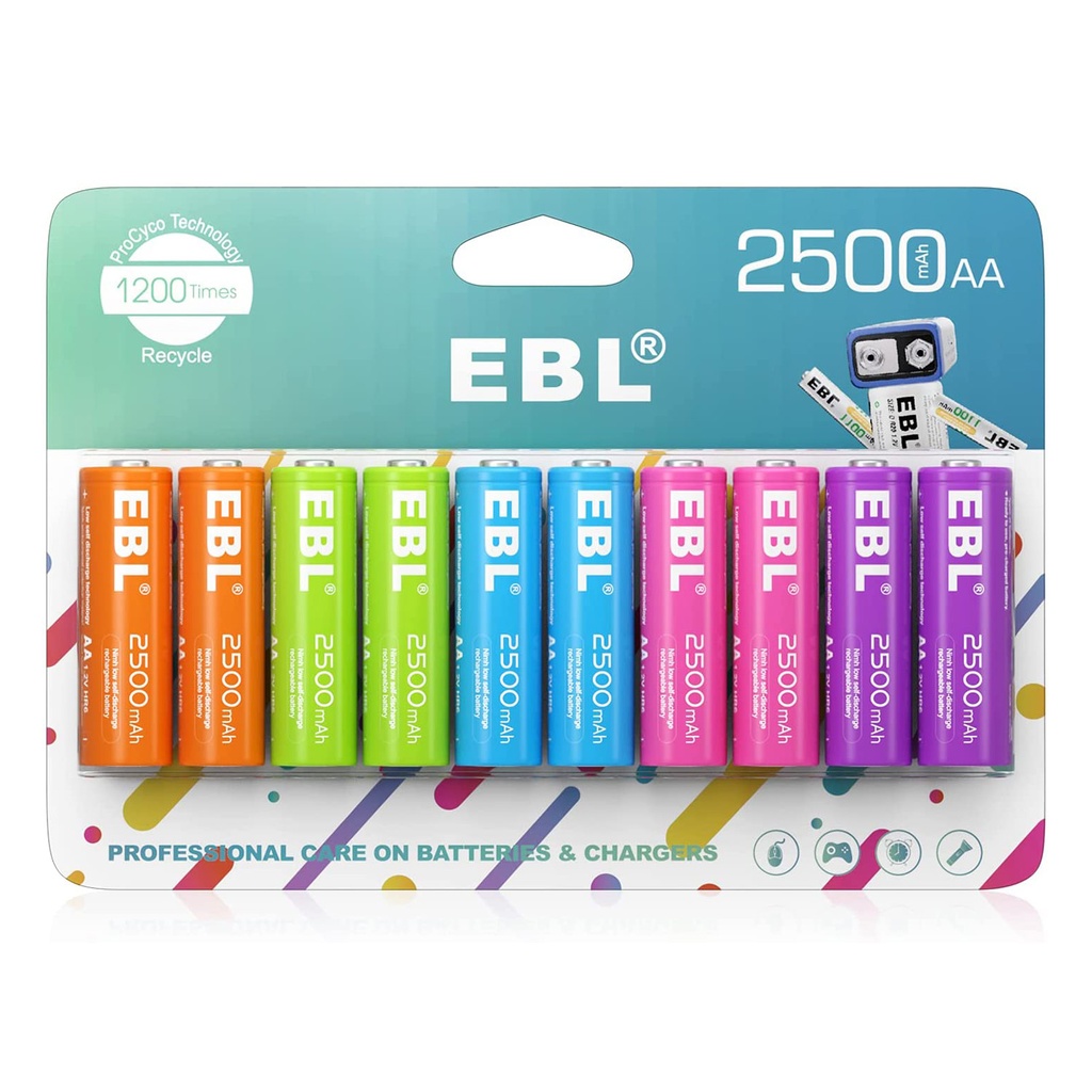 EBL Rechargeable AA Batteries 1.2V NiMH Pre-Charged AA Battery 2500mAh New Retail Package EBL 10 Count