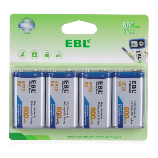 [Z0130020014] EBL 9V 600mAh Li-ion Rechargeable Batteries Lithium 6F22 Batteries 4 Pack